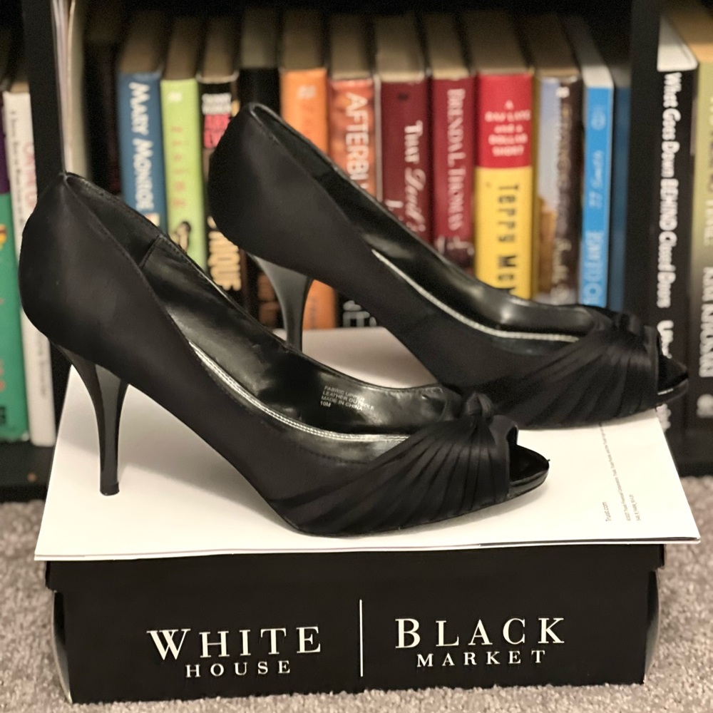 WHBM Black Satin 3” Peep-toe Heel, size 10M